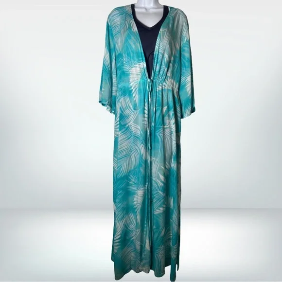 Jantzen 3/4 Sleeve Woven Maxi Duster Cover Up Teal Palm Size M NWT - Picture 2 of 10